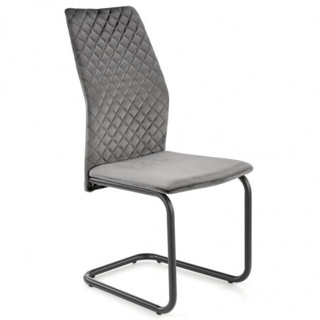 Chaise en velours gris avec haut dossier et piètement design en métal noir ENOLA