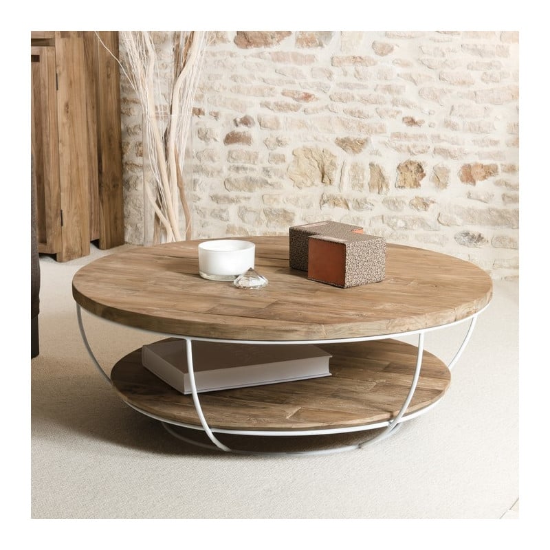 Table basse ronde blanc et bois 100cm Tinesixe