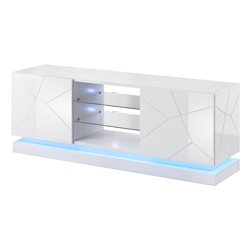 Meuble TV 140 Cm SOLVEIG Blanc Laqué Avec étagères En Verre Et LED - 2 Placards, Niches, Télécommande - Pour écran Jusqu'à 55 Pouces
