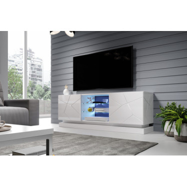 Meuble TV blanc laqué Clost avec LED bleues dans un salon contemporain chic