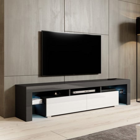 Meuble TV gris et blanc brillant 200 cm à LED Lily