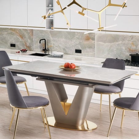 Table extensible avec plateau aspect marbre et piètement design gris et doré EAGLE - Table a manger marbre - So Inside