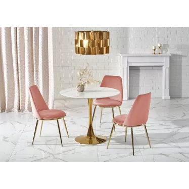 Table ronde avec plateau en verre aspect marbre blanc et pied central en acier doré BOOTIS