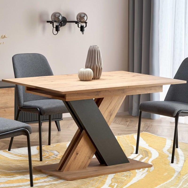 Table de salle à manger extensible avec pied central bicolore et plateau aspect chêne APODIS
