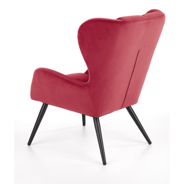 Vue arrière trois-quarts du fauteuil contemporain GLASGOW en velours rouge