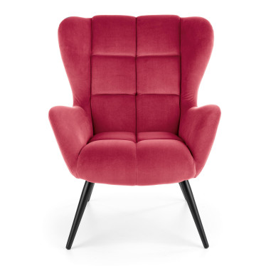 Fauteuil contemporain Glasgow en velours bordeaux avec dossier capitonné vu de face