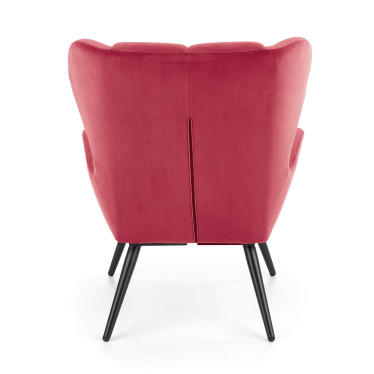 Vue arrière du fauteuil contemporain Glasgow en velours rouge bordeaux avec pieds noirs