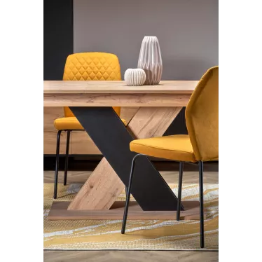 Table de salle à manger moderne avec rallonge et plateau aspect chêne