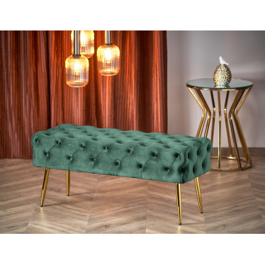 Banc capitonné en velours vert avec pieds dorés en métal PAOLA