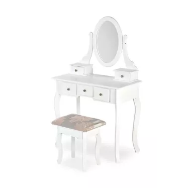 Coiffeuse en MDF blanc laqué 5 tiroirs 1 miroir central oval Laki