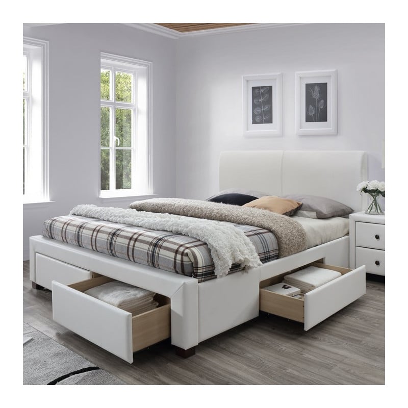 Lit tiroir blanc perle avec sommier et matelas 140x190