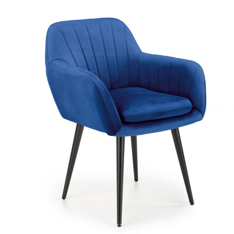 Chaise en velours bleu avec coussin d'assise et pieds en métal noir