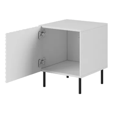 Table de chevet design blanc mat 1 porte façade relief pieds noirs