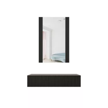 Coiffeuse suspendue + miroir design en MDF strié noir mat 1 tiroir