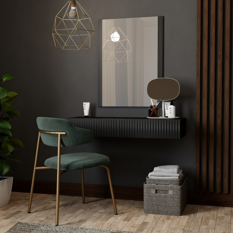 Coiffeuse suspendue + miroir design en MDF strié noir mat 1 tiroir