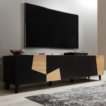 Meuble TV design noir mat et chêne 200 cm Fuji