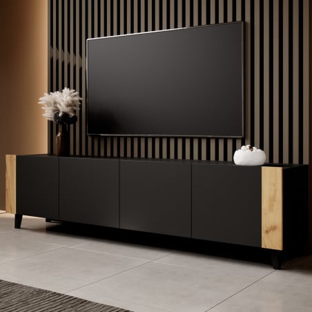 Meuble TV design noir mat + bois 200 cm Tempo