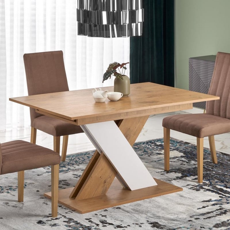 Table à manger, rallonge, plateau aspect chêne, pied blanc et chêne