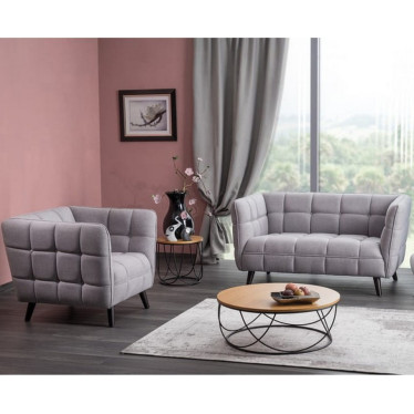 Canapé droit velours gris Compi mise en scène avec fauteuil assorti