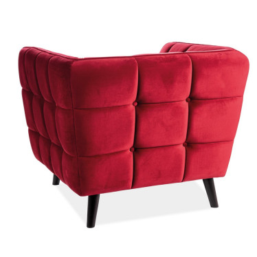Fauteuil design carré capitonné, confort, pieds en wengé, velours bordeaux