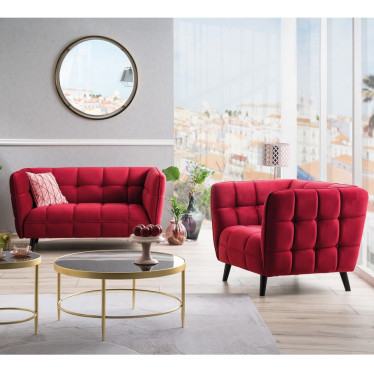 Fauteuil design carré capitonné, confort, pieds en wengé, velours bordeaux