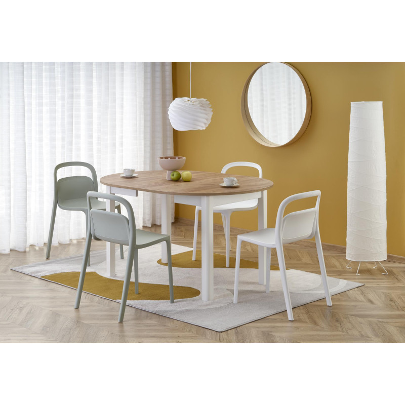 Table à manger ronde extensible avec plateau aspect chêne et pieds blancs CARENE