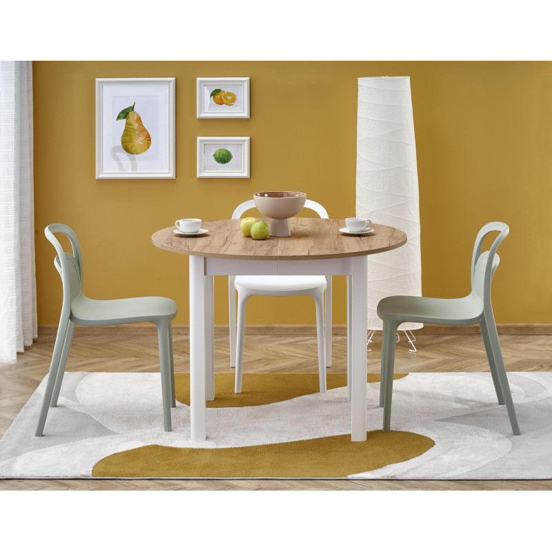 Table à manger ronde extensible avec plateau aspect chêne et pieds blancs CARENE