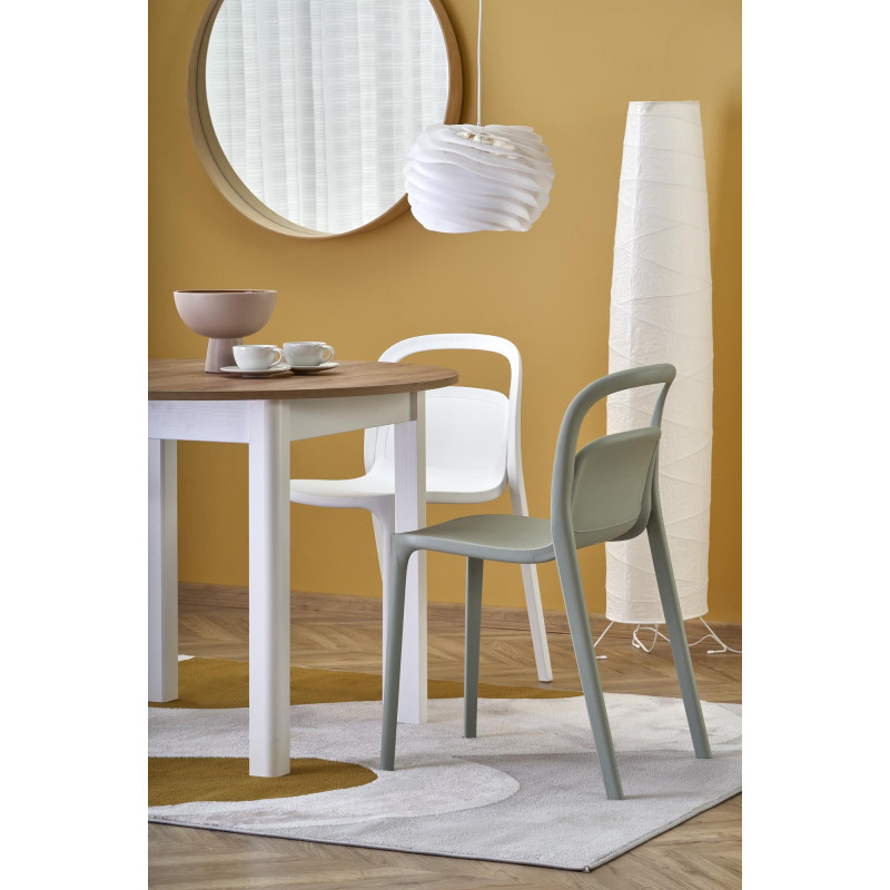 Table à manger ronde extensible avec plateau aspect chêne et pieds blancs CARENE