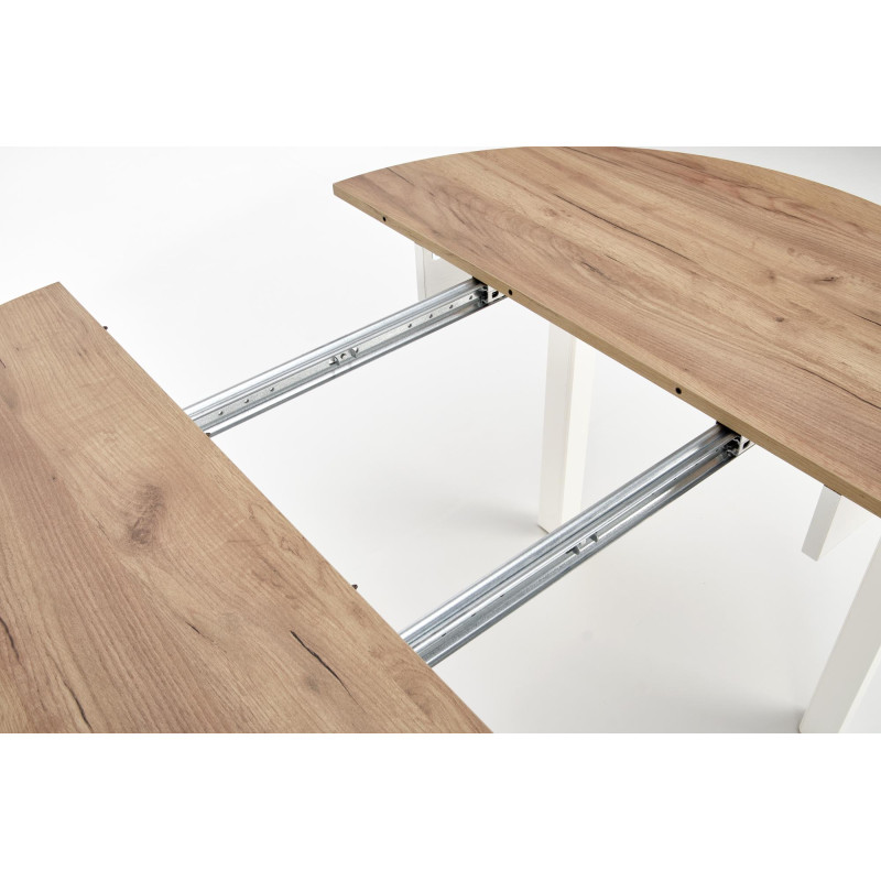 Table à manger ronde extensible avec plateau aspect chêne et pieds blancs CARENE