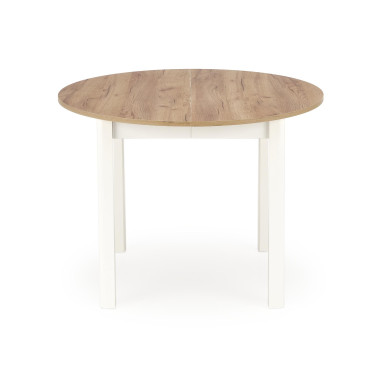 Table à manger ronde extensible avec plateau aspect chêne et pieds blancs Carene