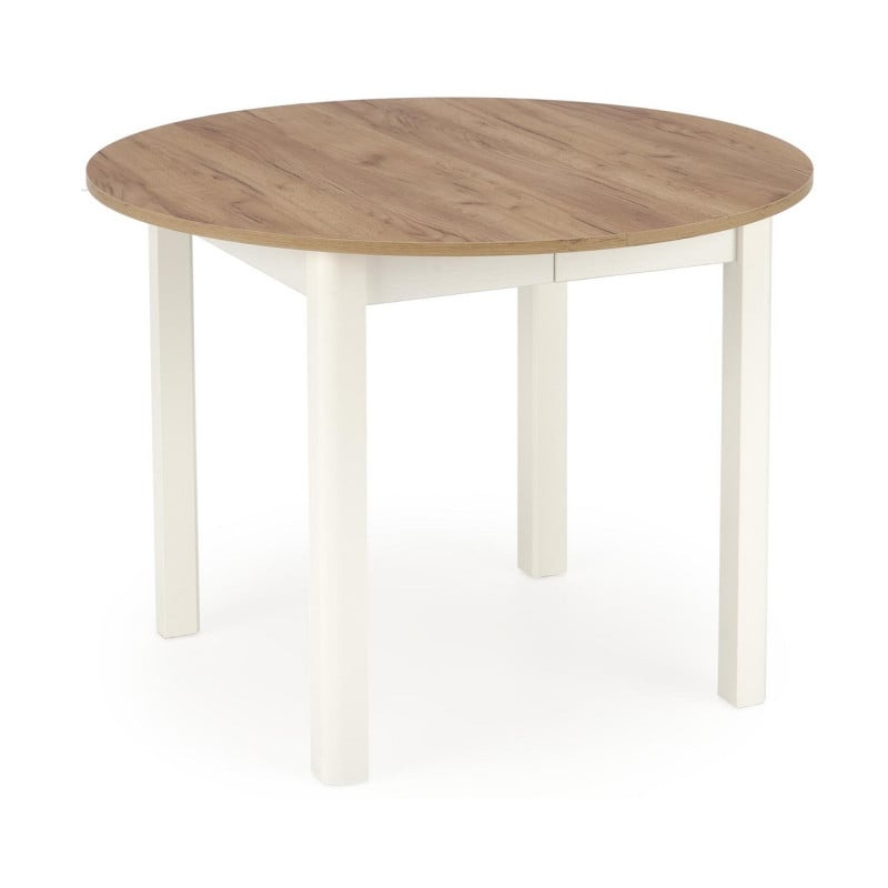 Table à manger ronde 100cm extensible avec plateau aspect chêne et pieds blancs CARENE