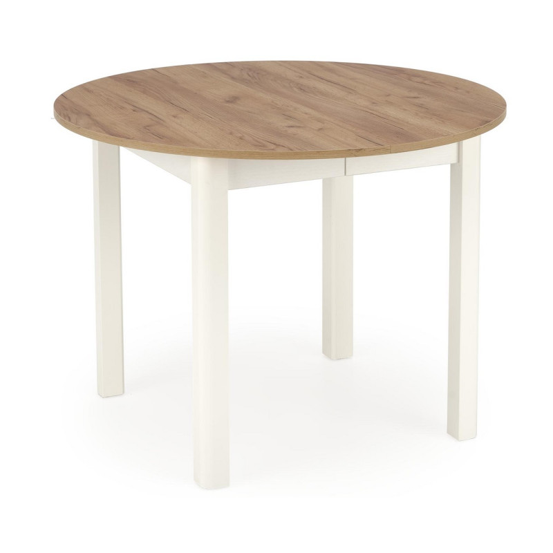 Table à manger ronde 100cm extensible avec plateau aspect chêne et pieds blancs CARENE