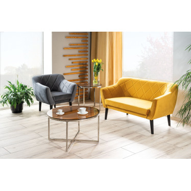 Fauteuil design moderne, pieds hêtre couleur naturelle, velours jaune