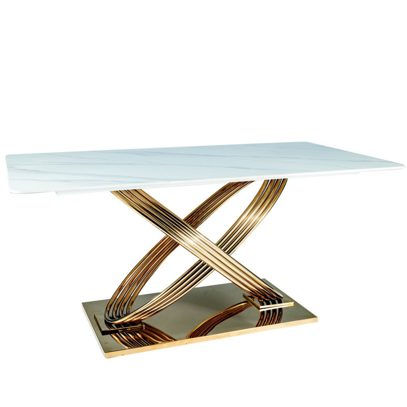 Table de salle à manger 160x90 céramique aspect marbre et pieds métal doré Domitille