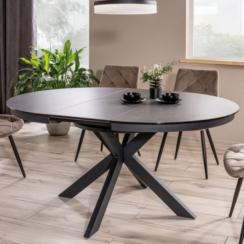 Table à manger ronde 120cm grise avec rallonge intégrée et pieds noir