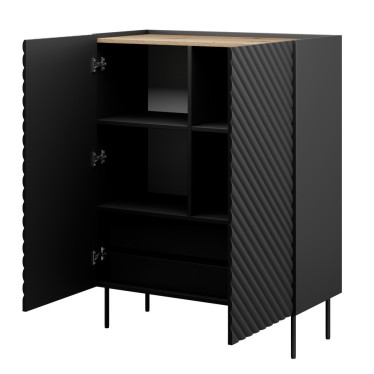 Buffet haut Emile avec portes ouvertes sur étagères et espace de rangement