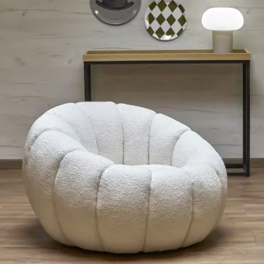 Fauteuil pouf rond en tissu bouclé crème forme coquillage Alix