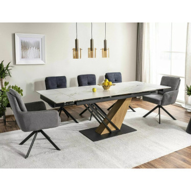 Ambiance salle à manger avec table extensible marbre blanc Viro