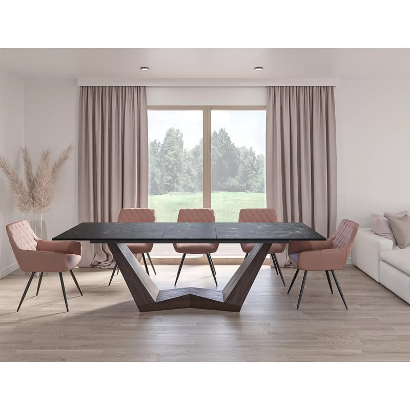 Table à manger extensible avec plateau en céramique aspect marbre noir Stunt