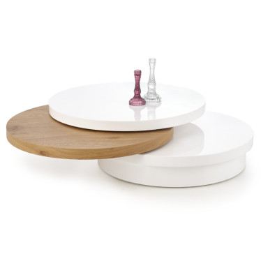 Table basse ronde 80 cm  laquée blanche et bois golden CHELLE