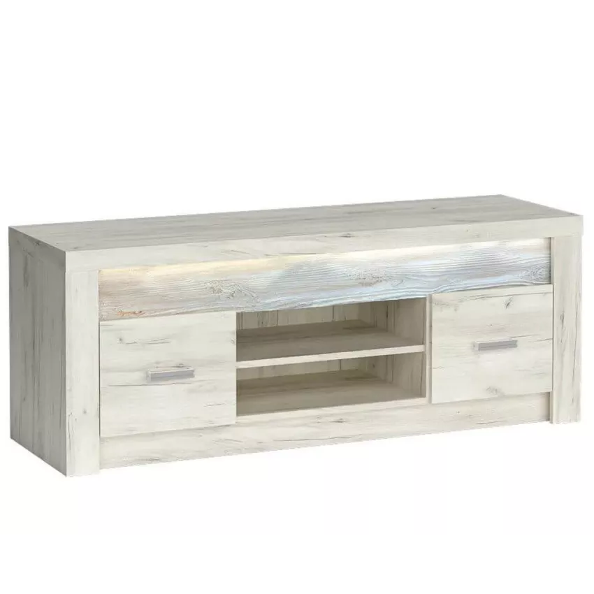 Meuble TV 180 Cm Blanc Brillant - 4 Placards, étagères Réglables, 8 Pieds, Capacité 52 Kg, Pour Télés 70-80 Pouces