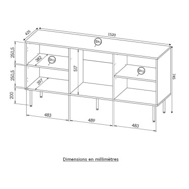 Croquis technique et dimensions détaillées du buffet noir texturé Mokt