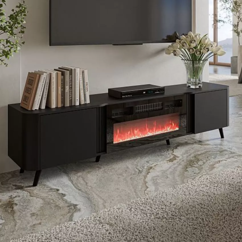 Meuble Tv noir 200 cm avec cheminée électrique Lucky