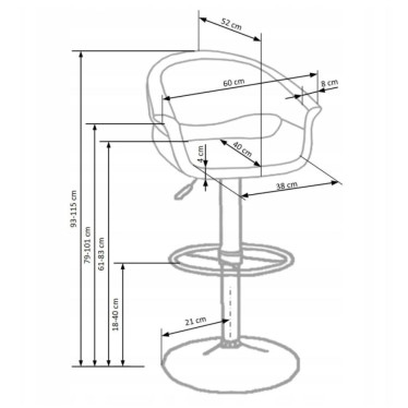 Schéma technique avec dimensions et hauteur réglable du tabouret Doug
