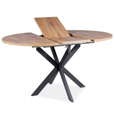 Table ronde extensible Larry avec rallonge centrale ouverte vue d’angle