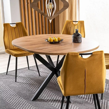Table ronde Larry bois et chaises jaunes modernes vue d’ambiance