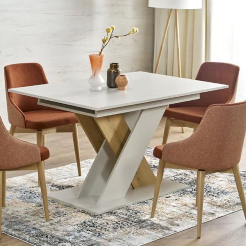 Table à manger extensible avec pied central beige et bois APODIS