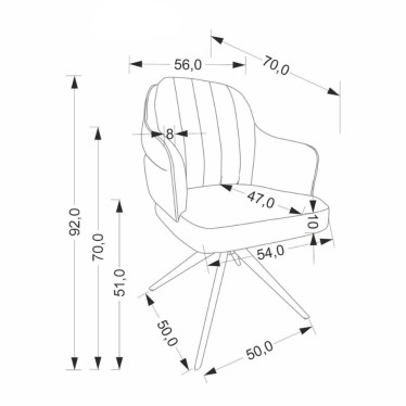 Dimensions détaillées de la chaise pivotante design Lana