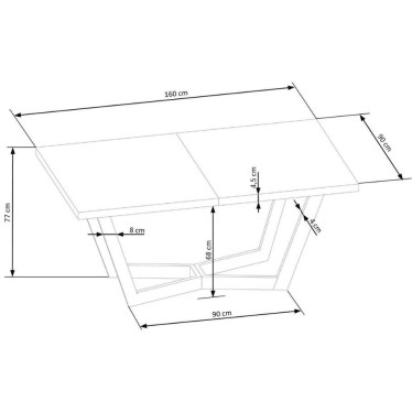 Schéma technique des dimensions et mécanisme d'extension de la table Bellona