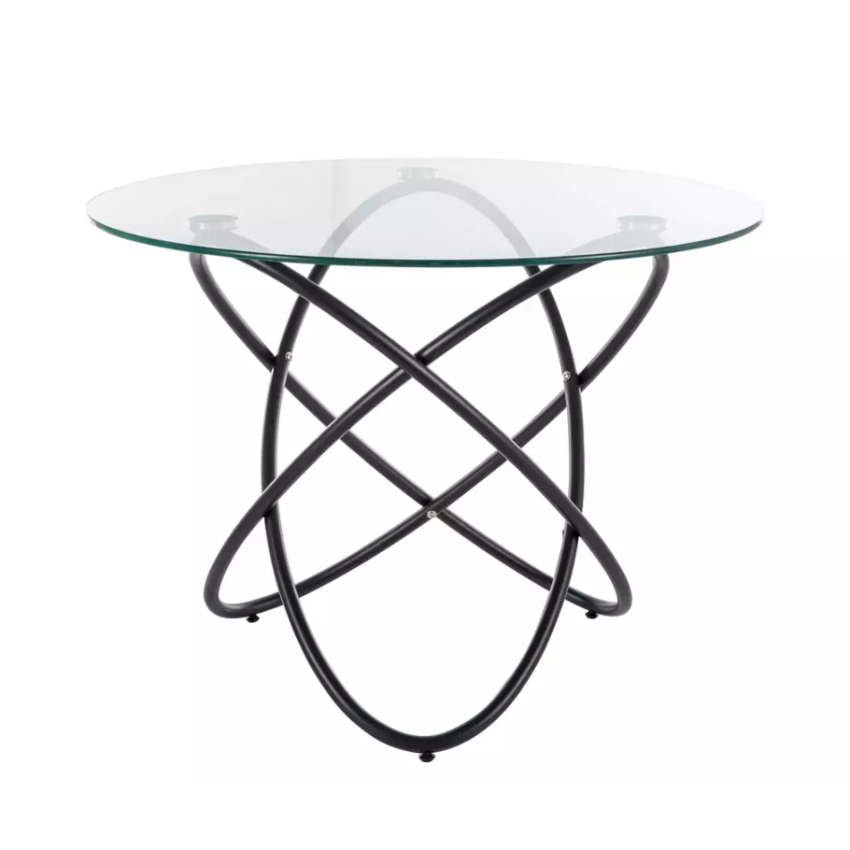 Table ronde design verre transparent 6 pers pied métal noir AURELIAZ1